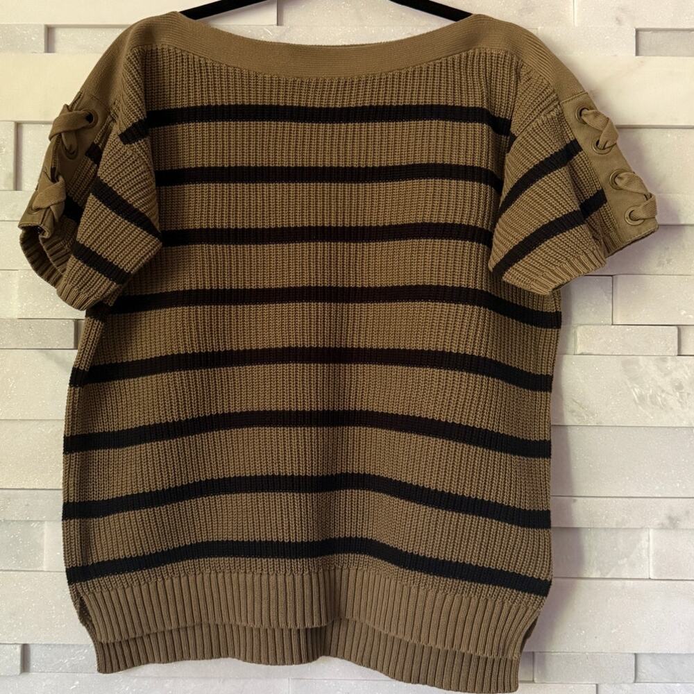 LAUREN RALPH LAUREN 100% Cotton Stripe Grommet Lace Short Slv Sweater Preppy M